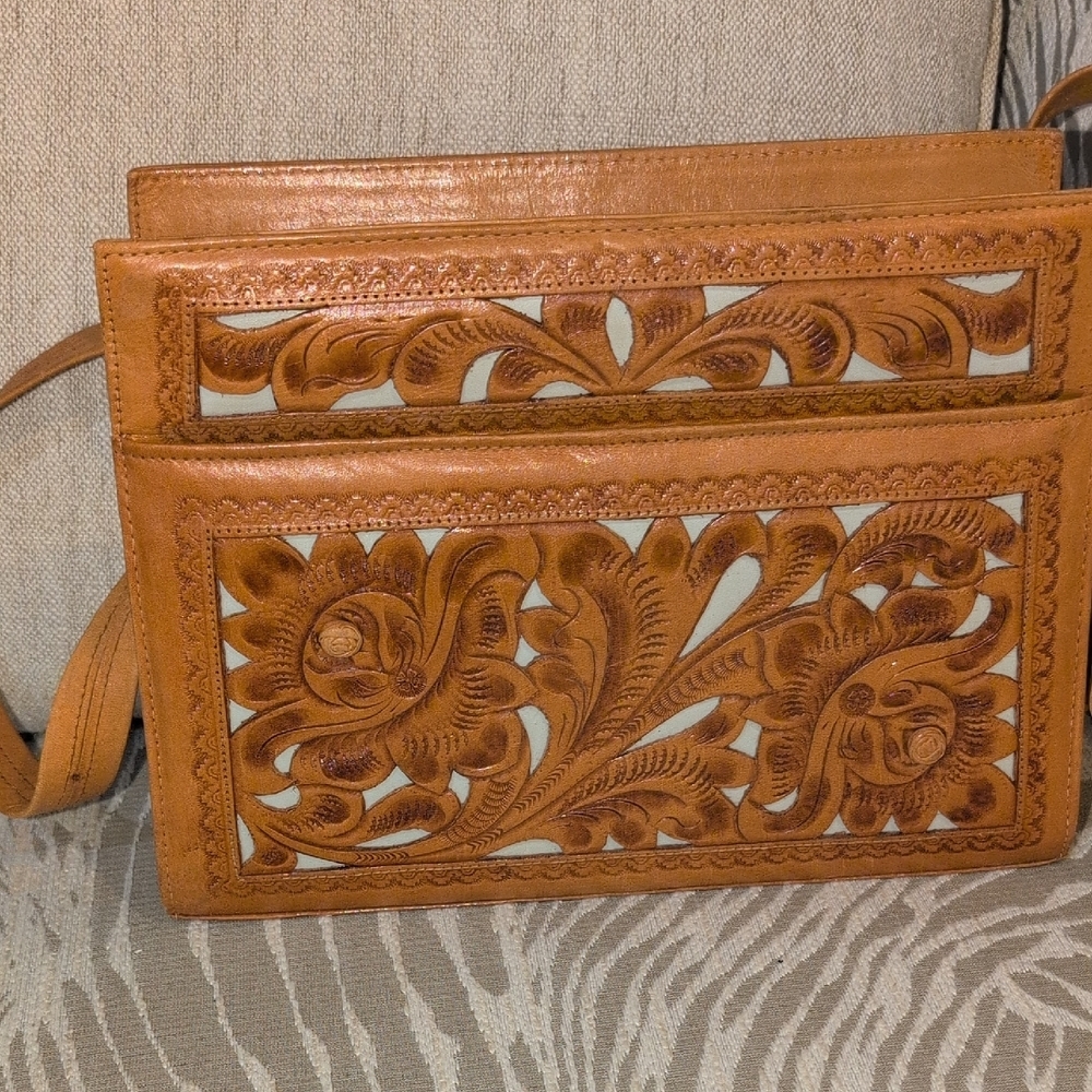 Elegant Tan Leather Floral Handbag